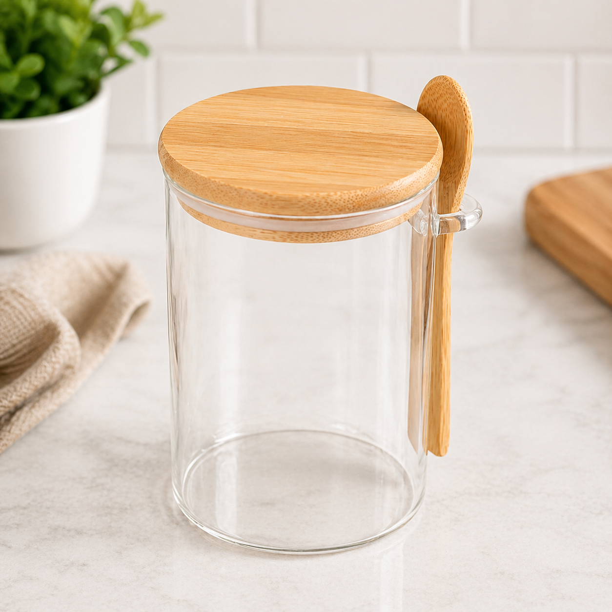 Glass Storage Jar with Bamboo Lid & Wooden Spoon 1190ml