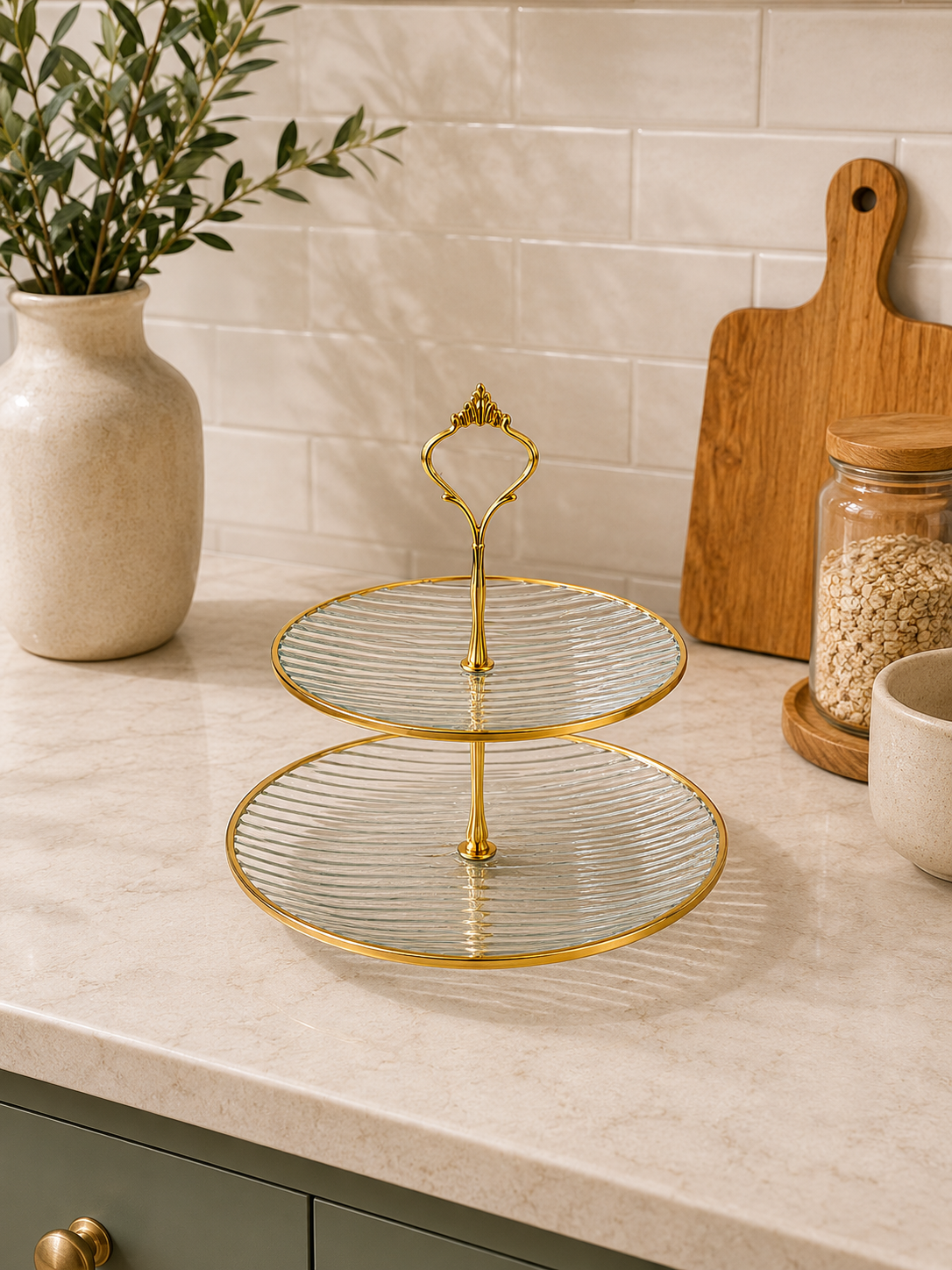 Luxury Glass 2-Tier Serving Stand – Gold Frame