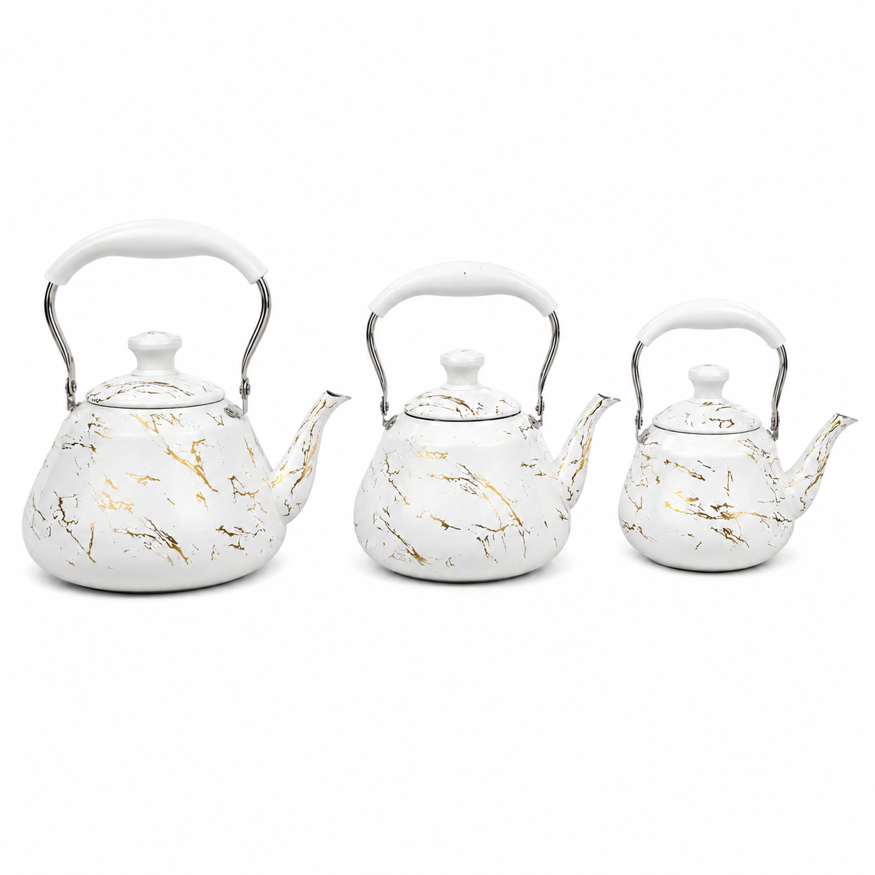 White & Gold Marble Enamel Tea Kettle Set