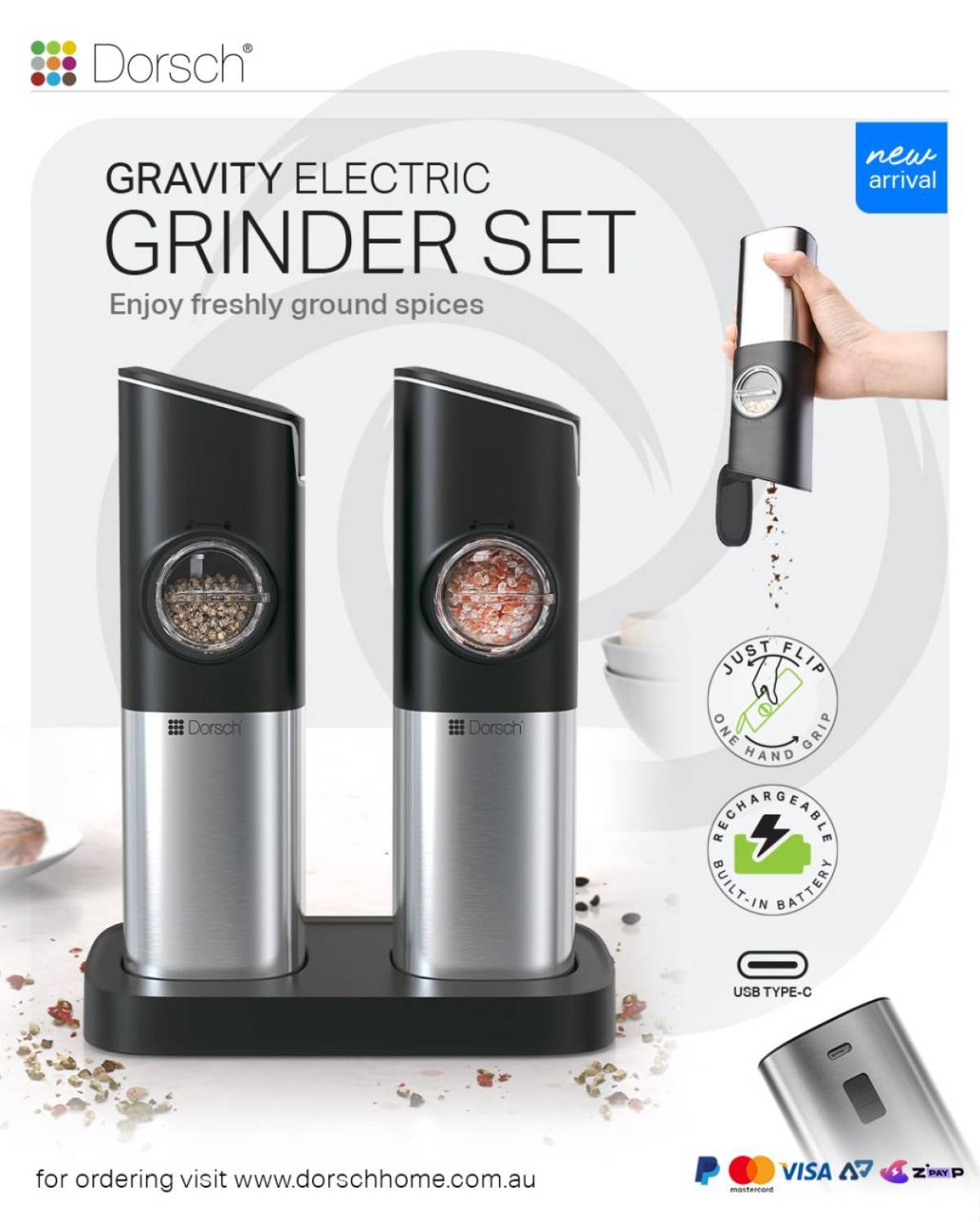 DORSCH Rechargeable Electric Salt & Pepper Grinder - 2PCS