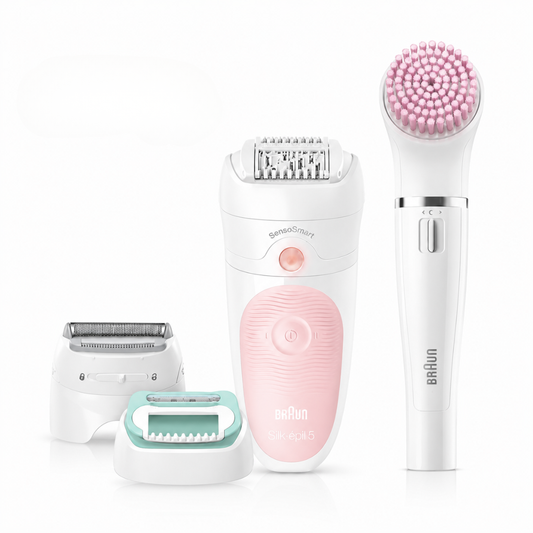 Braun Silk-épil 5, 4-in-1 Epilator Beauty Set, Gentle and Perfect for Beginners, for Face & Body, Remove Hair from the Root, Wet & Dry Use, 100% Waterproof, Gifts for Women, SES 5-875BS, White/Pink