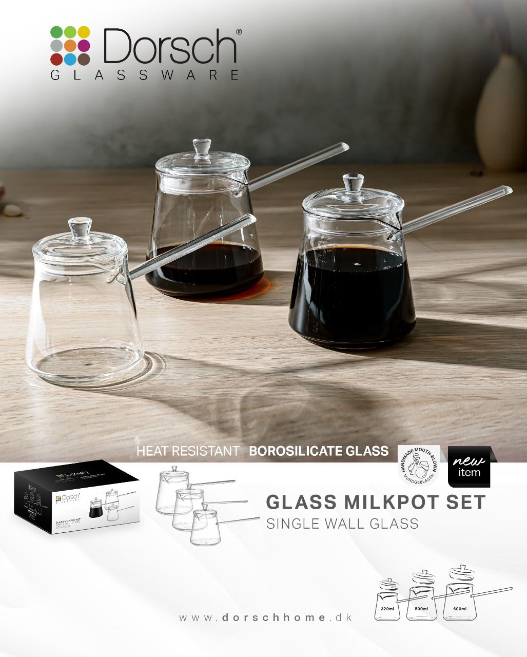 Dorsch  Glass Milk Pot Set 3-Piece Borosilicate 320/500/600 ml DH-09250
