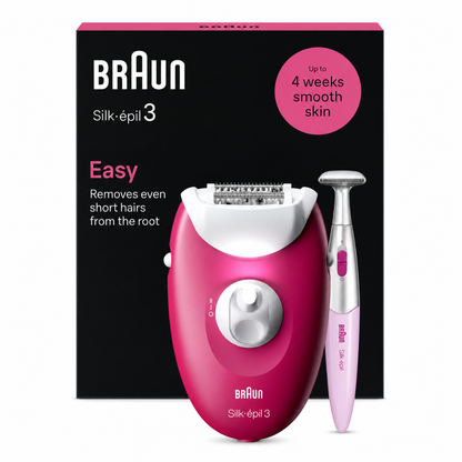 Braun Silk-épil 3 SE 3-202 Epilator, Removes Even Short Hairs From The Root, 20 MicroGrip Tweezers, Non-Stop Corded Epilator, Smart Light, Bikini Styler Included, Hair Removal Device - Pink