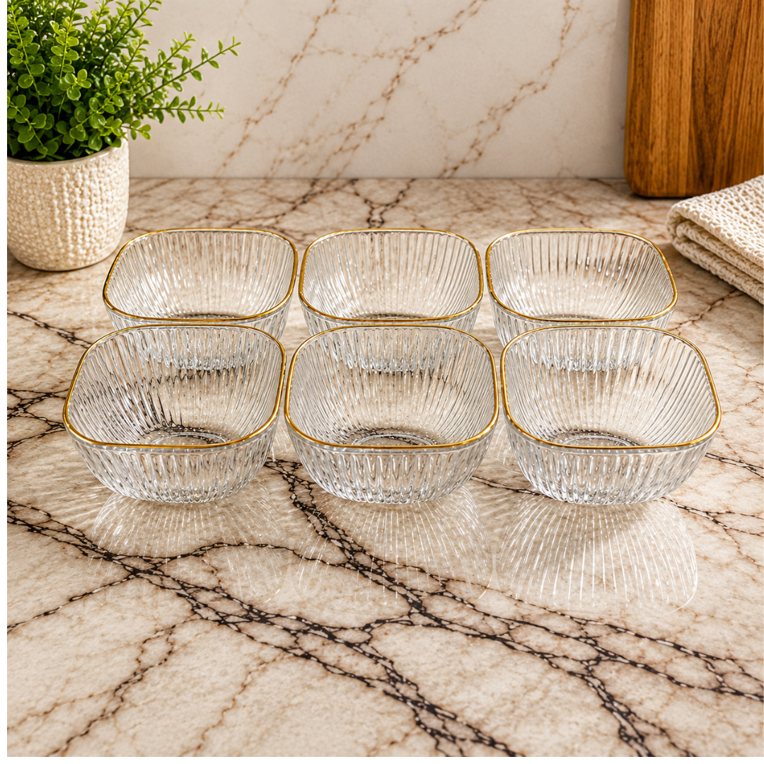 Elegant Glass Dessert Bowls Set – Gold Rim set of 6