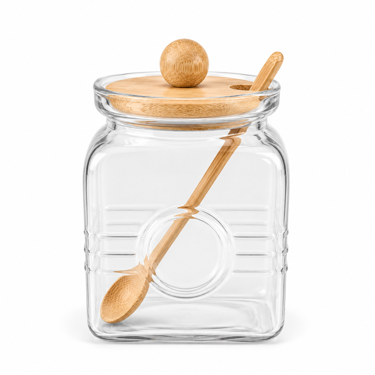 Square Glass Condiment Jar with Bamboo Lid & Spoon