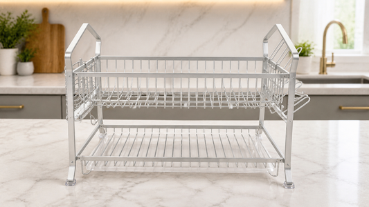 2-Tier Stainless Steel Dish Drying Rack with Side Basket & Cup Holder