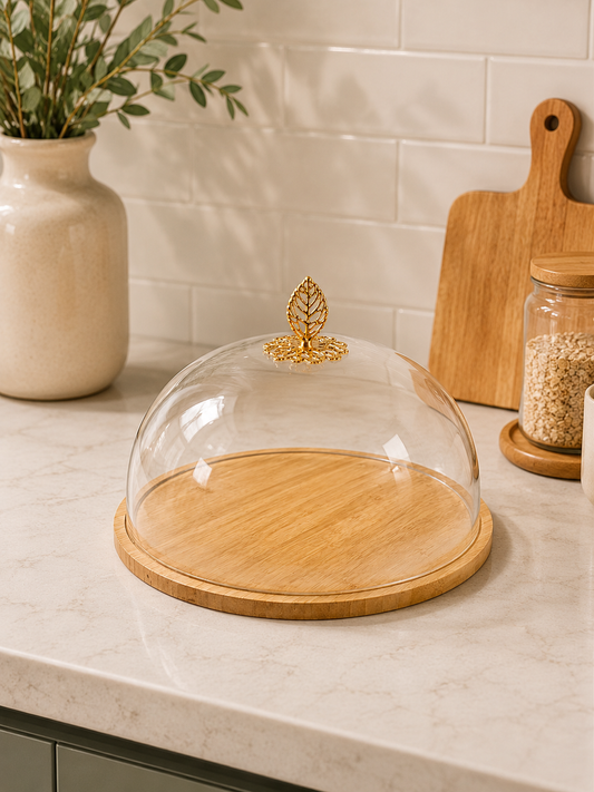 Glass Cake Dome with Wooden Base 33cm