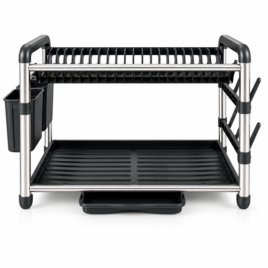 Phoenix 2-Tier Kitchen Dish Drying Rack with Utensil Holder & Side Hooks