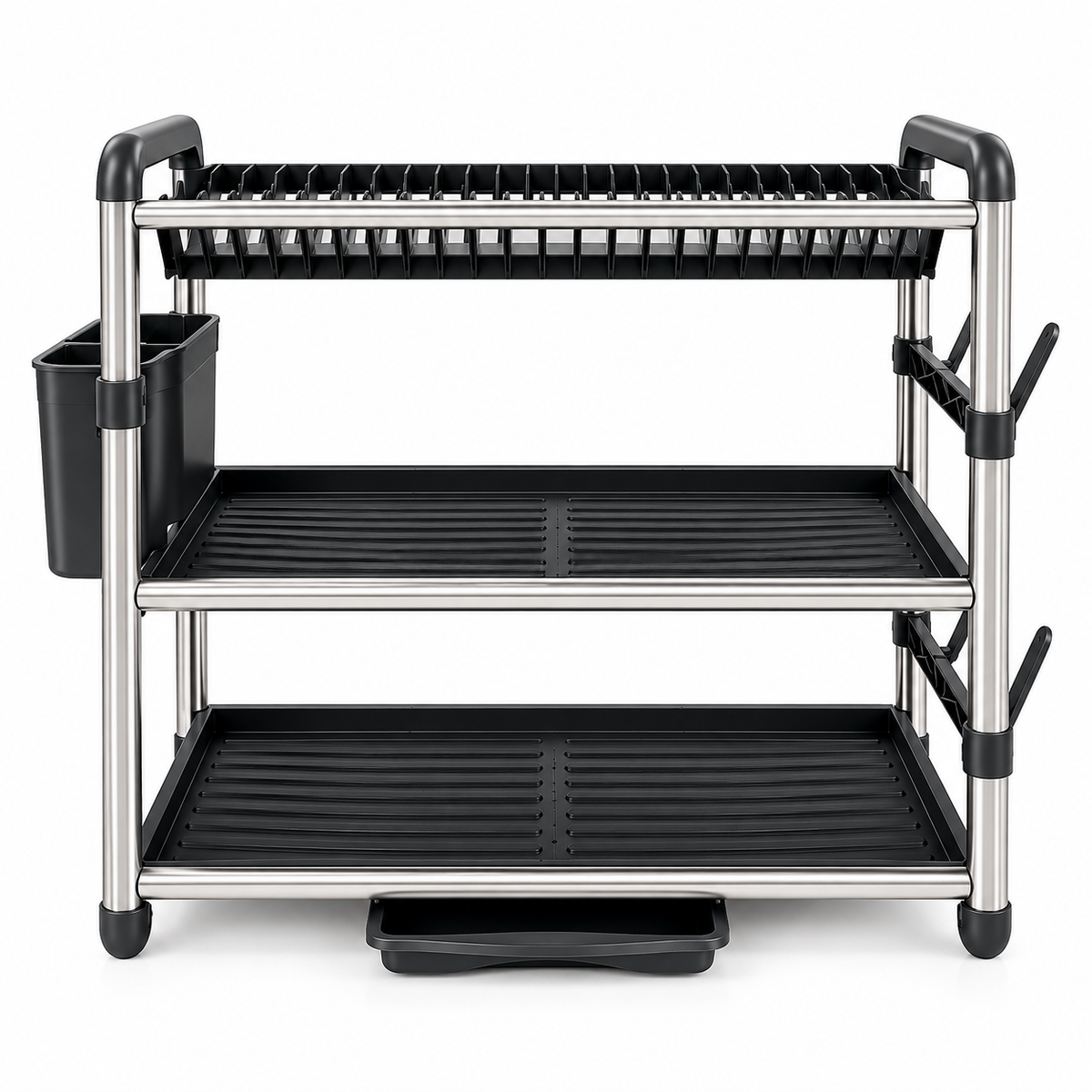 3-Tier Kitchen Dish Drying Rack with Utensil Holder & Side Hooks