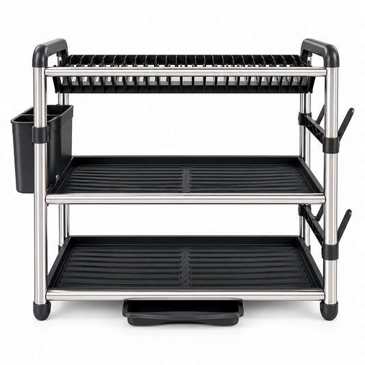 3-Tier Kitchen Dish Drying Rack with Utensil Holder & Side Hooks