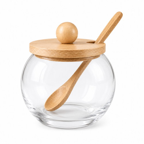 Glass Honey Jar with Wooden Lid & Spoon