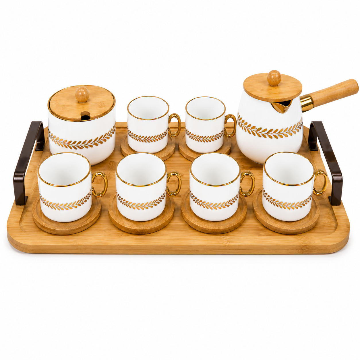 Modern Wooden Tray Coffee Set with Gold Detail
