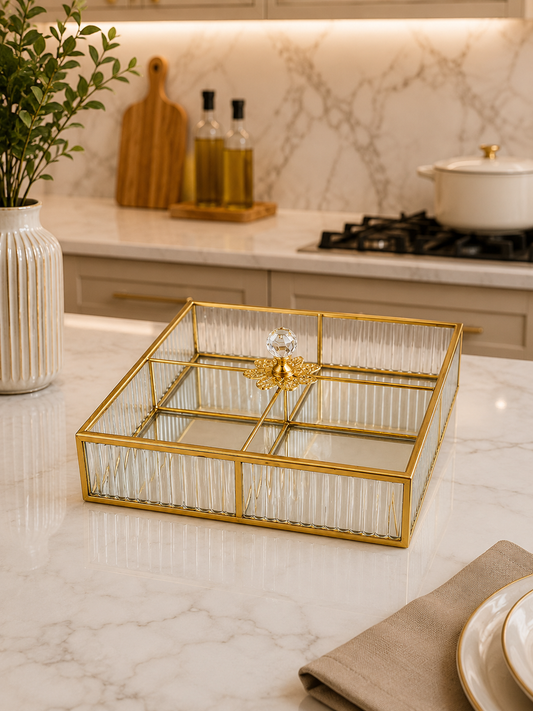 Square Glass & Gold Divided Serving Tray