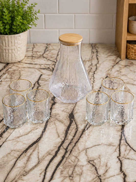 Elegant Glass Carafe Set with 6 Cups – Gold Rim Design