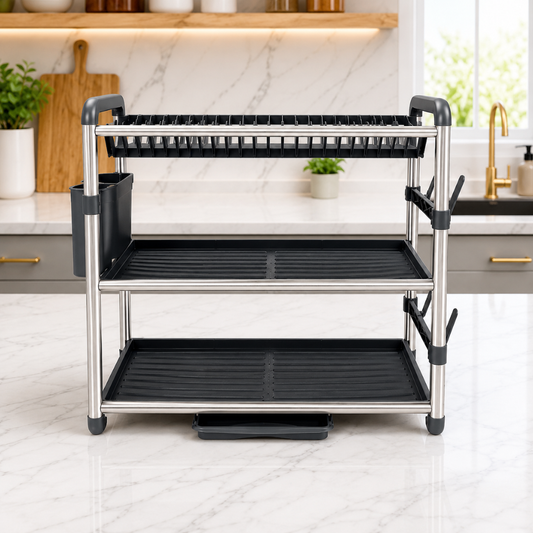 3-Tier Kitchen Dish Drying Rack with Utensil Holder & Side Hooks