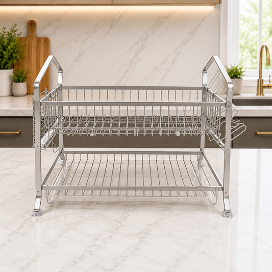 2-Tier Stainless Steel Dish Drying Rack with Side Basket & Cup Holder