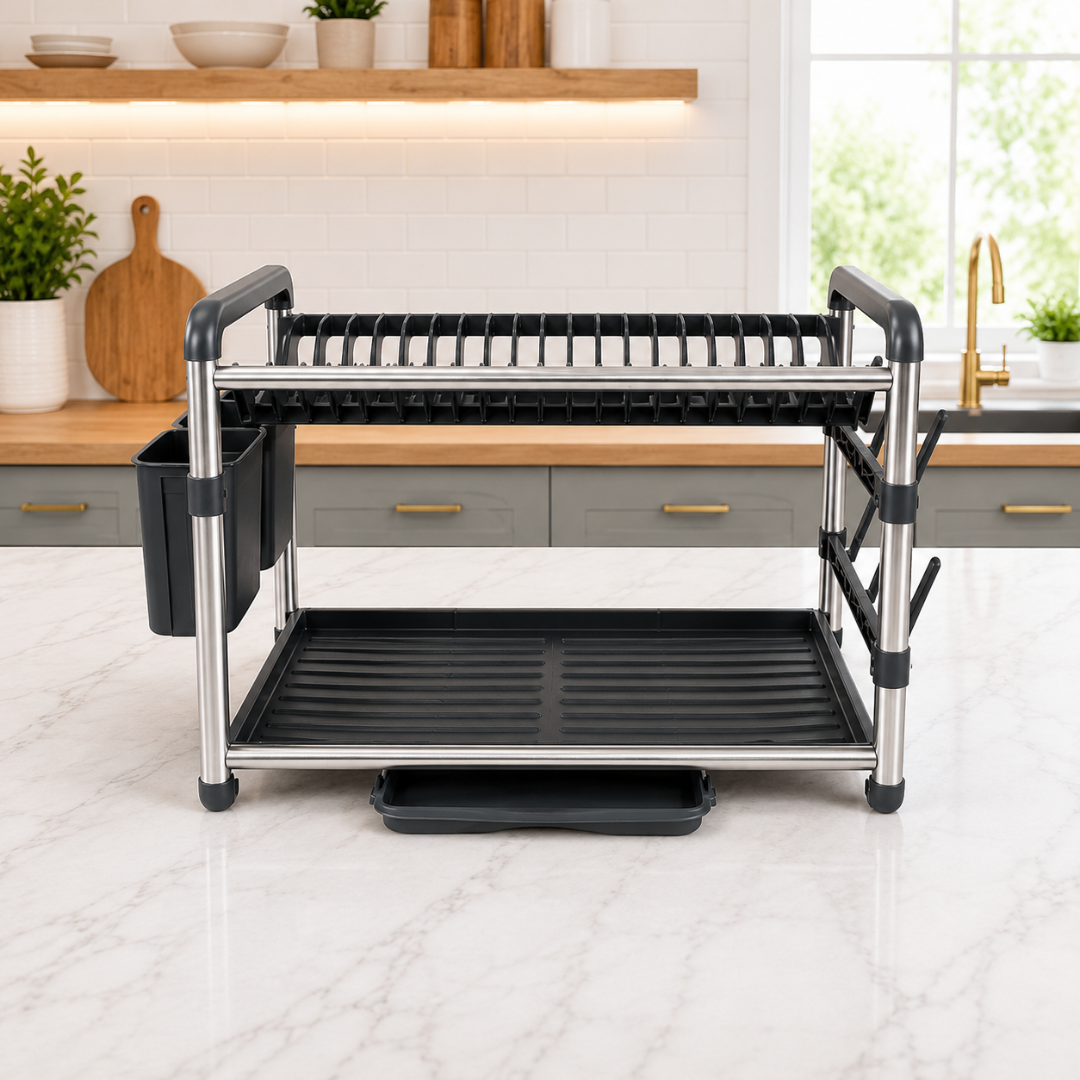 Phoenix 2-Tier Kitchen Dish Drying Rack with Utensil Holder & Side Hooks
