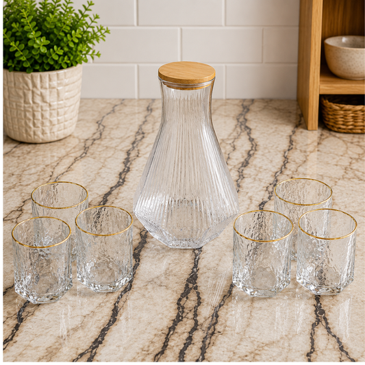 Elegant Glass Carafe Set with 6 Cups – Gold Rim Design