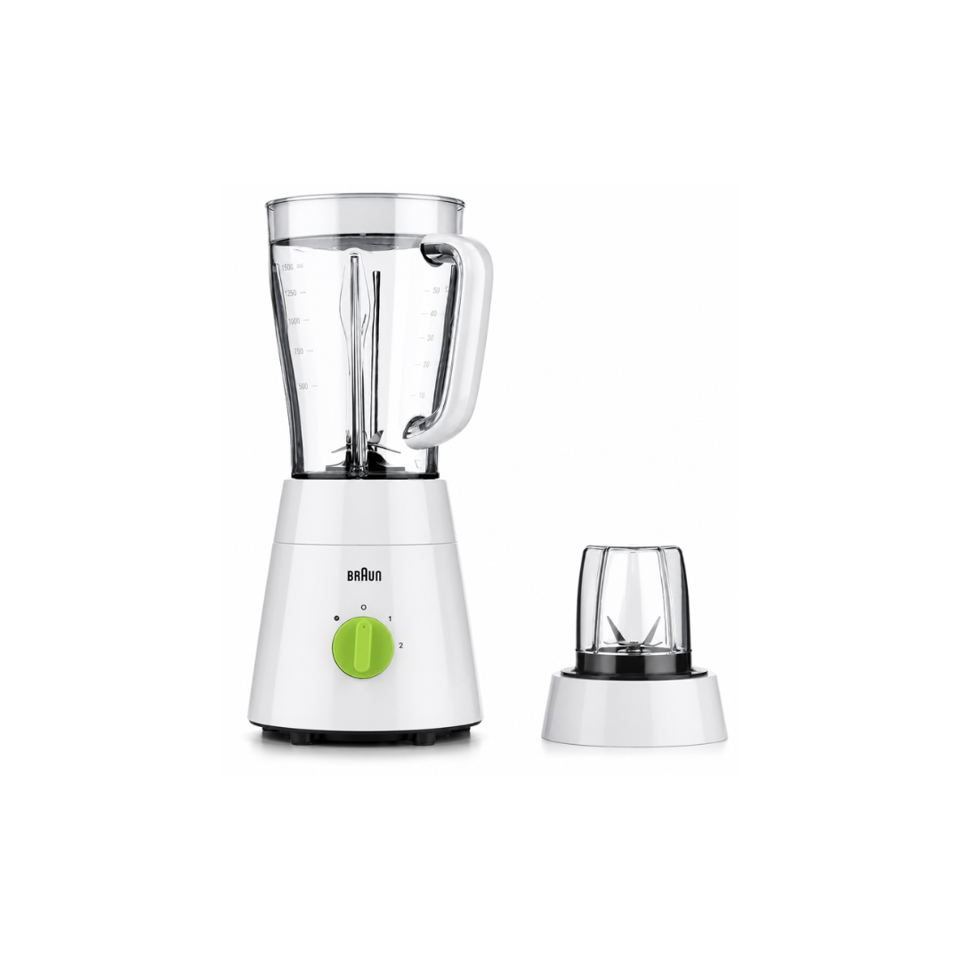 Braun PowerBlend Jug Blender, 500W Motor, 1.5L Capacity, 4-Blade System, Adjustable Speeds, Grinder Mill Attachment