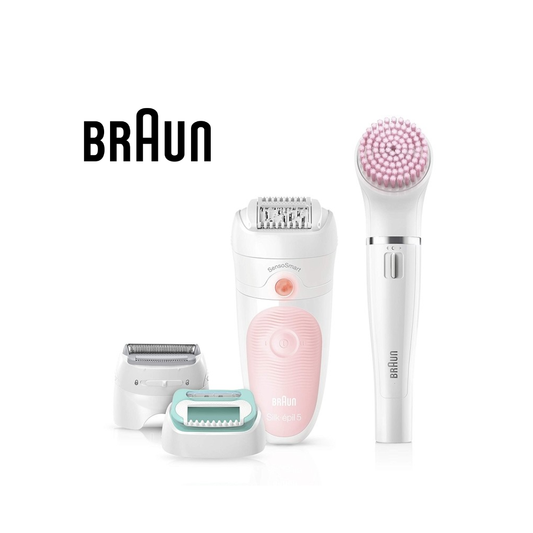 Braun Silk-épil 5, 4-in-1 Epilator Beauty Set, Gentle and Perfect for Beginners, for Face & Body, Remove Hair from the Root, Wet & Dry Use, 100% Waterproof, Gifts for Women, SES 5-875BS, White/Pink