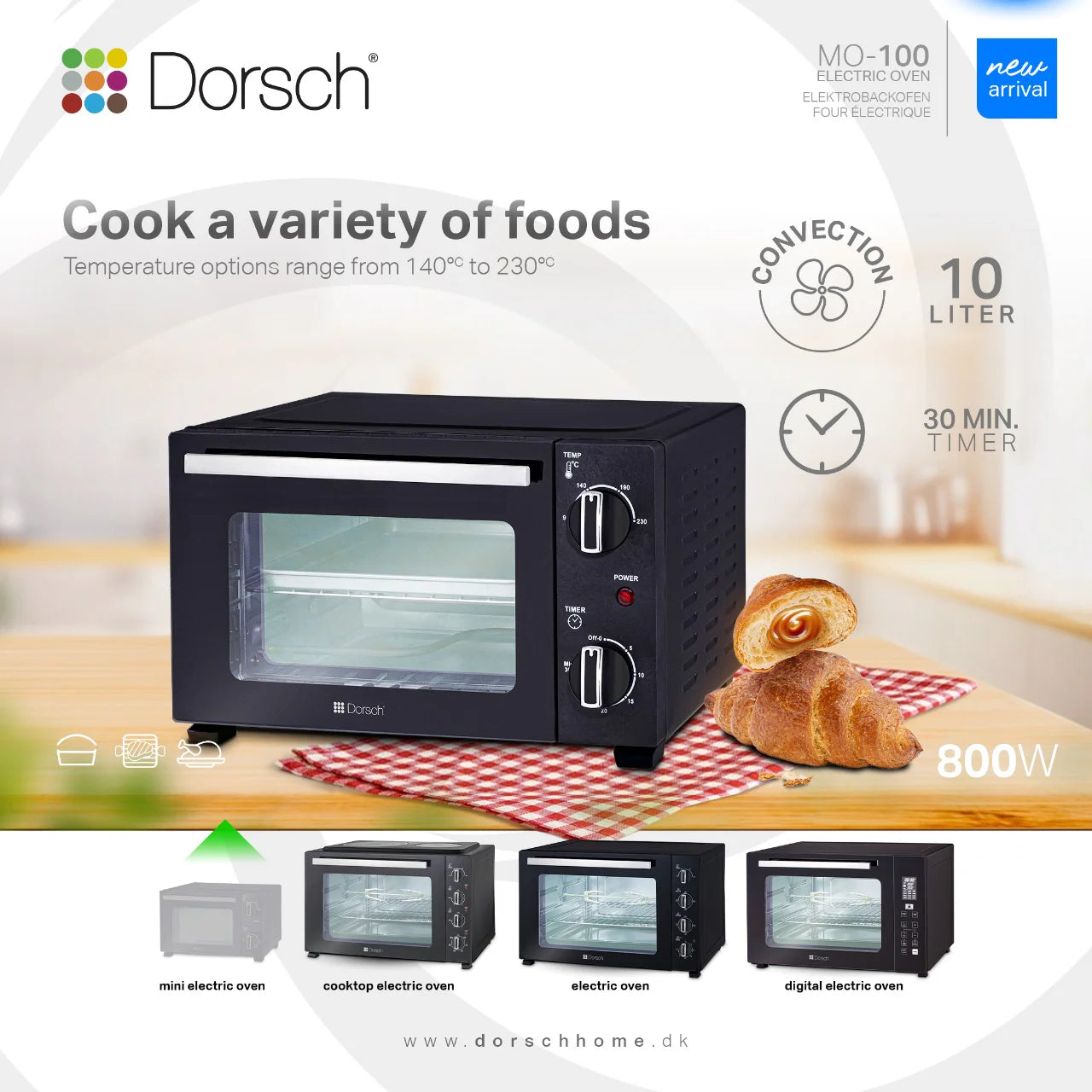 DORSCH Electric Oven 10L with 60-Min Timer & Inside Light