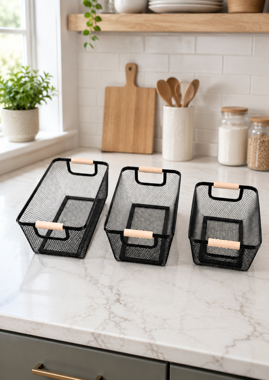 Black Mesh Organizer Baskets (Set of 3)