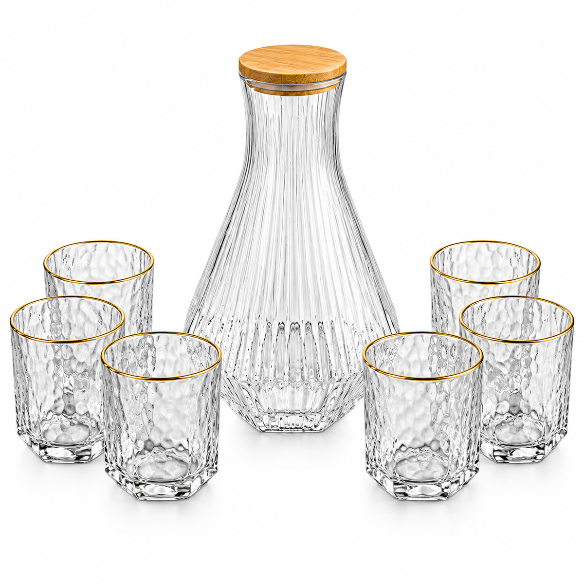 Elegant Glass Carafe Set with 6 Cups – Gold Rim Design