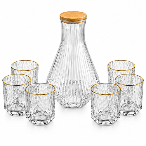 Elegant Glass Carafe Set with 6 Cups – Gold Rim Design