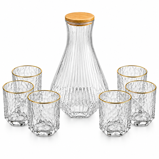Elegant Glass Carafe Set with 6 Cups – Gold Rim Design