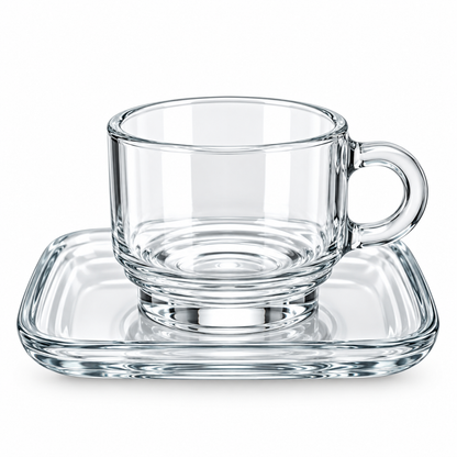 Clear Glass Tea Cup with Square Saucer