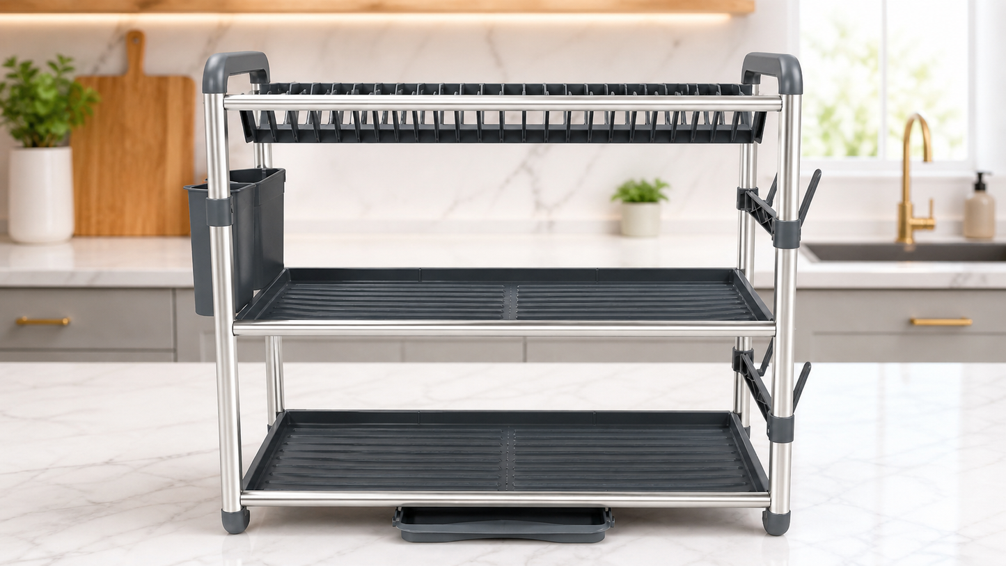 3-Tier Kitchen Dish Drying Rack with Utensil Holder & Side Hooks
