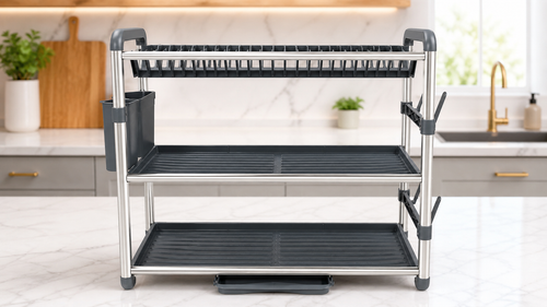 3-Tier Kitchen Dish Drying Rack with Utensil Holder & Side Hooks