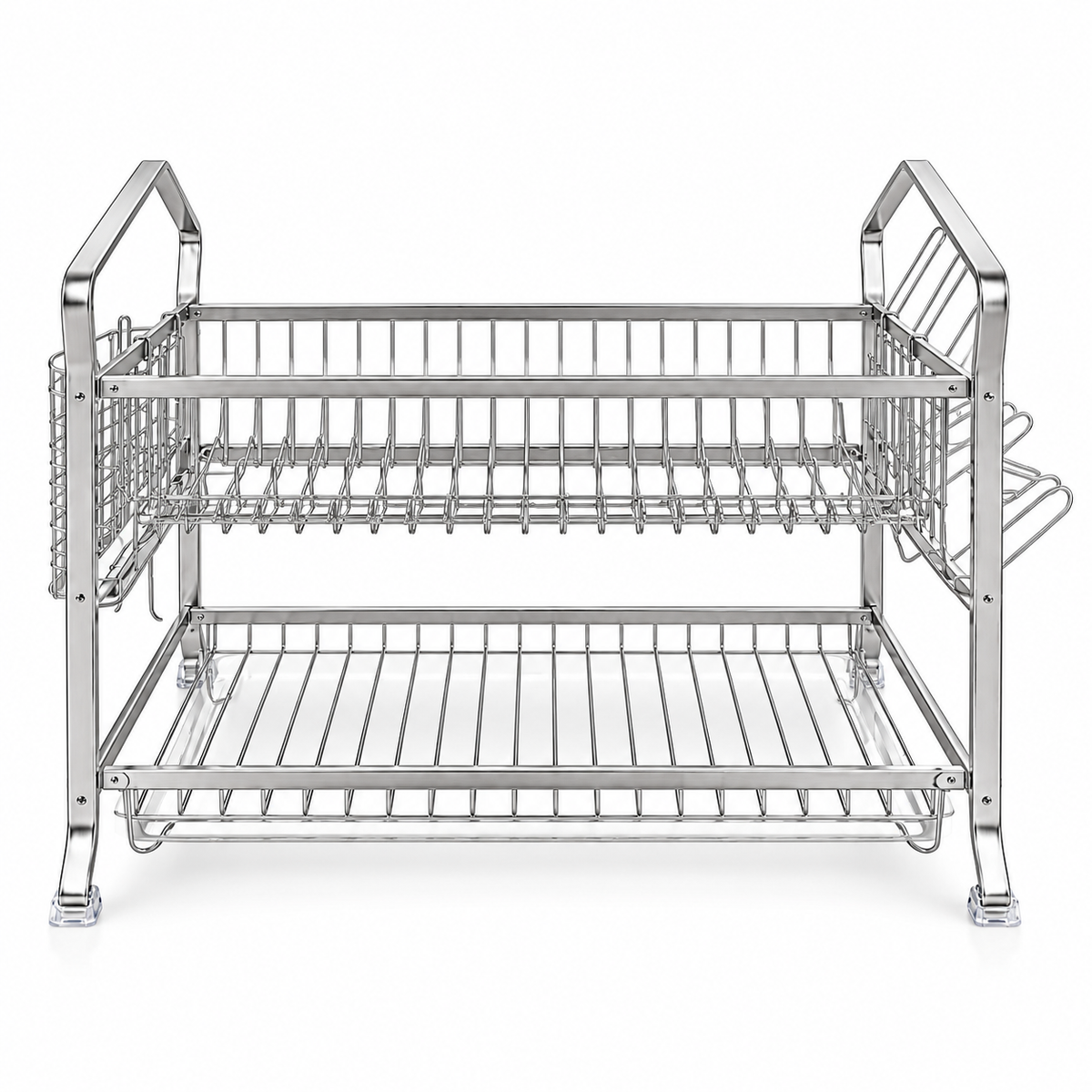 2-Tier Stainless Steel Dish Drying Rack with Side Basket & Cup Holder