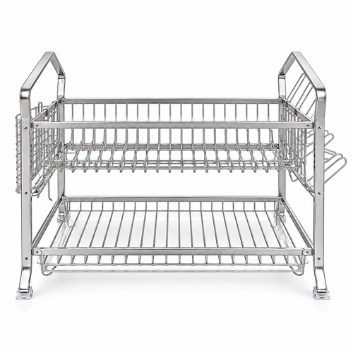 2-Tier Stainless Steel Dish Drying Rack with Side Basket & Cup Holder