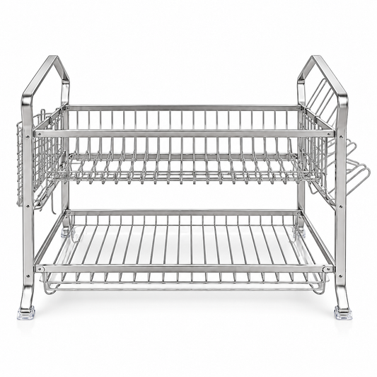 2-Tier Stainless Steel Dish Drying Rack with Side Basket & Cup Holder