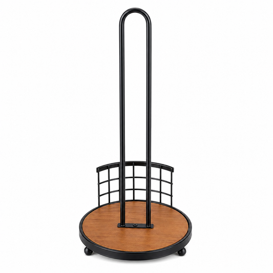Premium Kitchen Paper Towel Holder (Metal & Wooden Base)