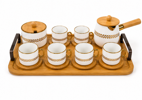 Modern Wooden Tray Coffee Set with Gold Detail