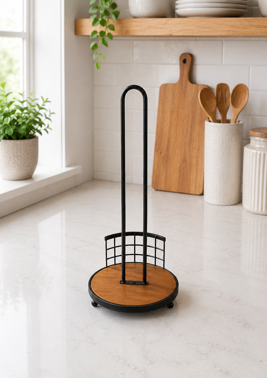 Premium Kitchen Paper Towel Holder (Metal & Wooden Base)