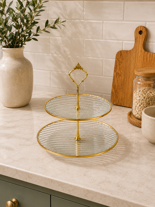 Luxury Glass 2-Tier Serving Stand – Gold Frame