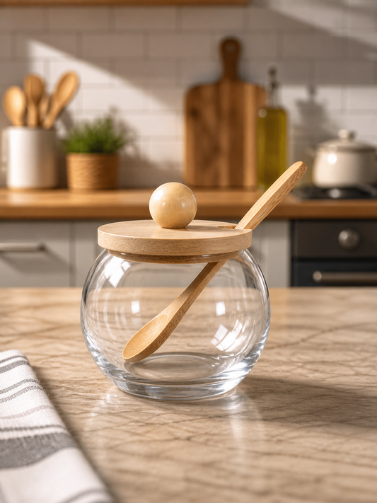 Glass Honey Jar with Wooden Lid & Spoon